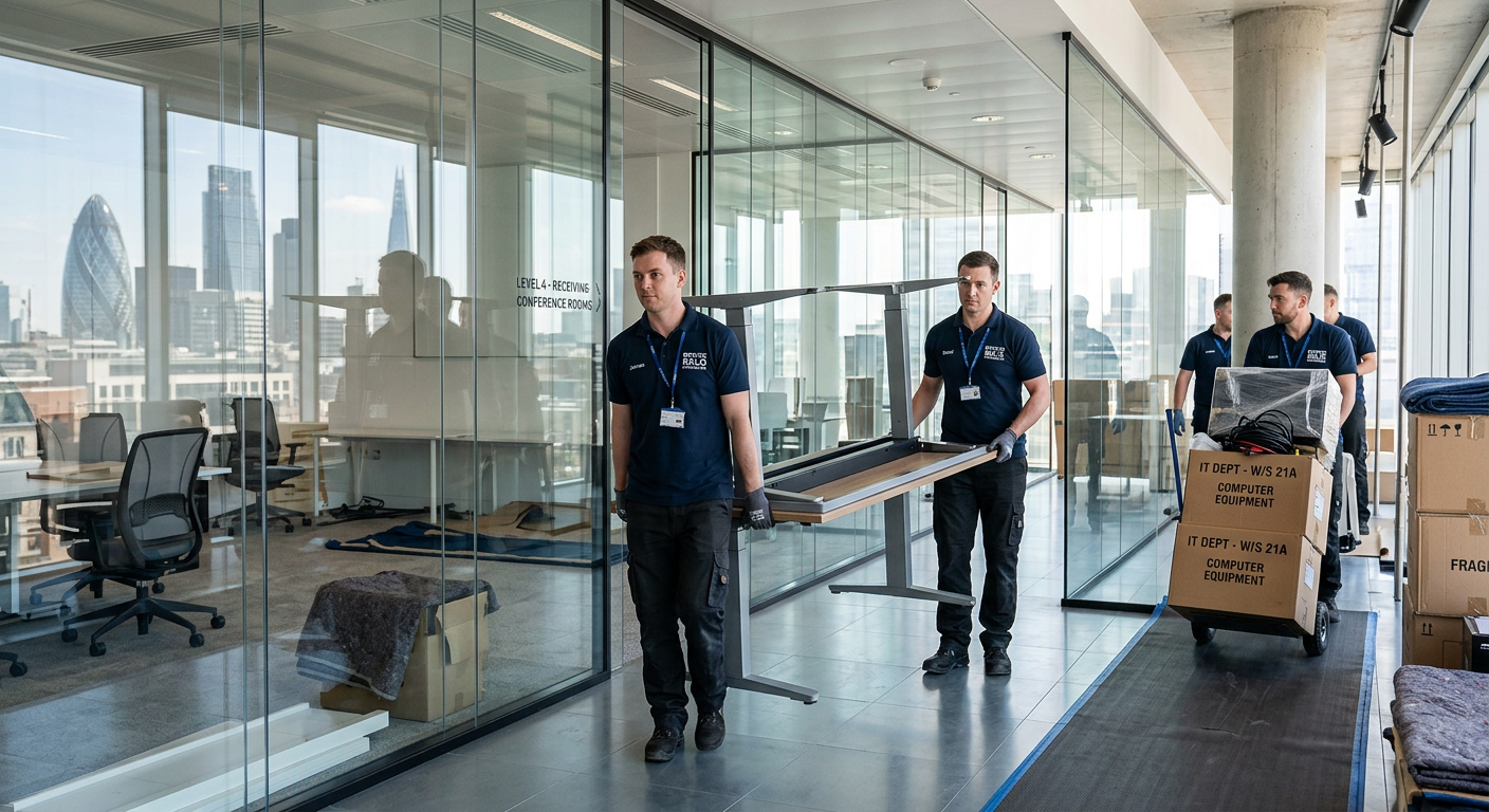 Professional movers in a modern glass office with city skyline