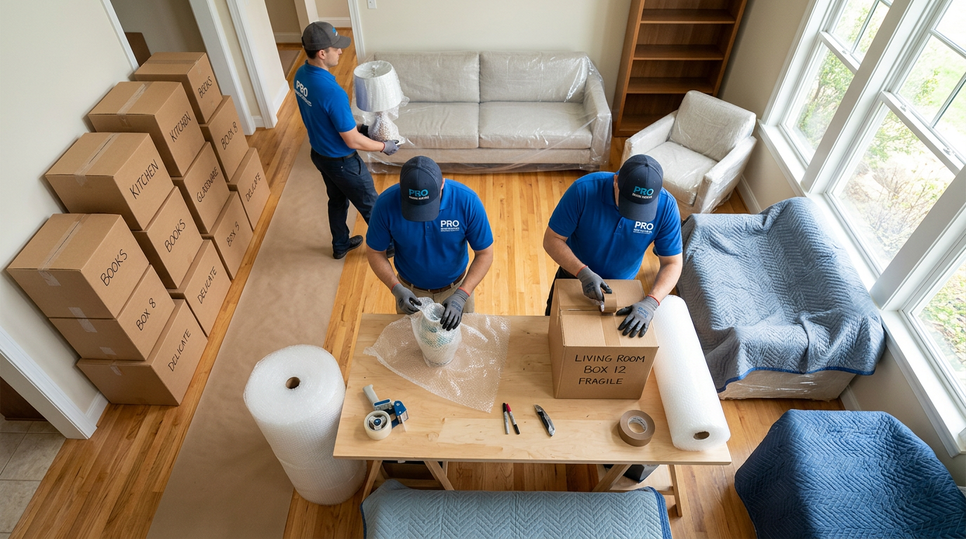 Professional packing with bubble wrap and labelled boxes